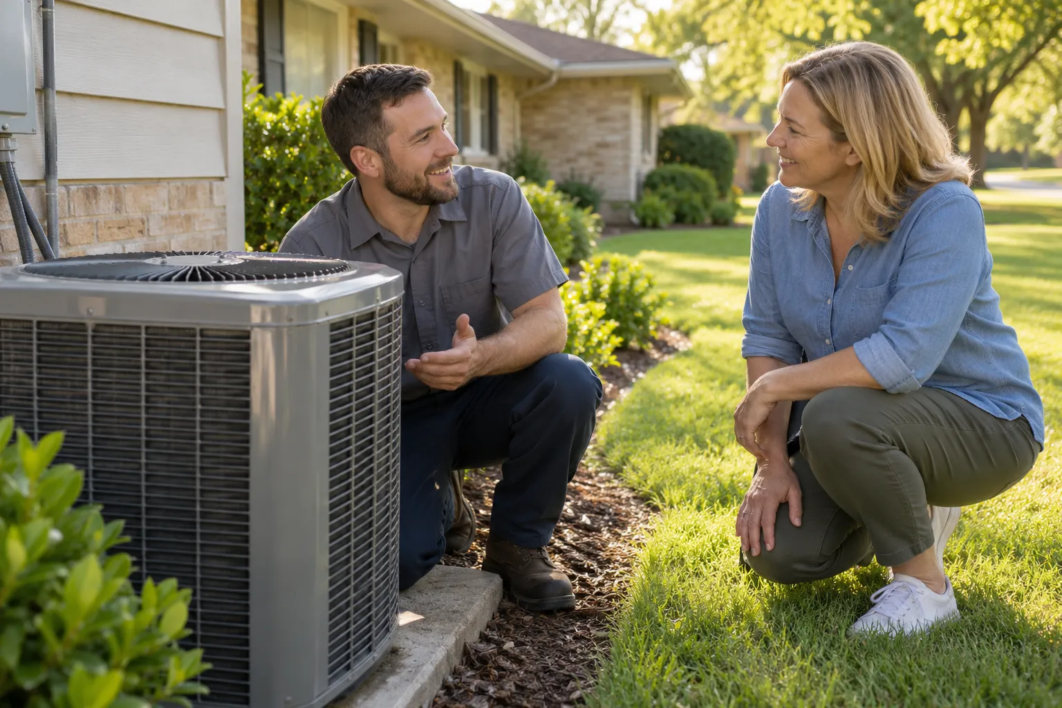 Friendly HVAC provider talking with a homeowner next to an outdoor AC unit in Lebanon